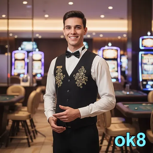 Profissional sorridente no cassino ok8, ambientes seguros.