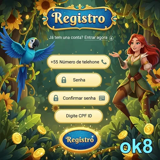 Tela de registro da ok8 com campos e ilustrações animadas.