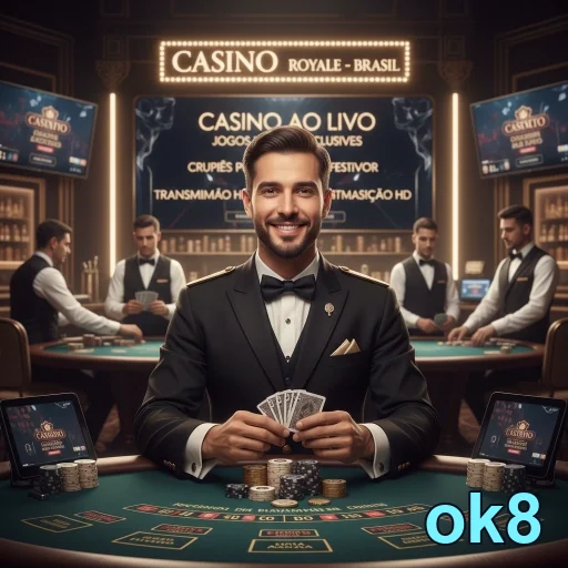 Jogador em cassino ao vivo da ok8 com crupiê profissional.