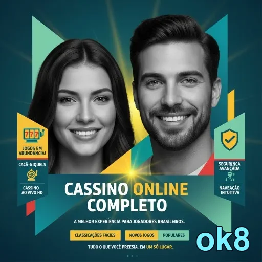 Interface de cassino online do ok8 com jogadores sorridentes.