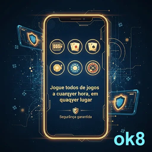Interface segura de jogos mobile da ok8 com ícones de segurança.