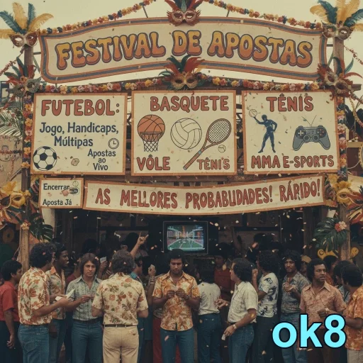 Pessoas em um festival de apostas com banners da ok8.