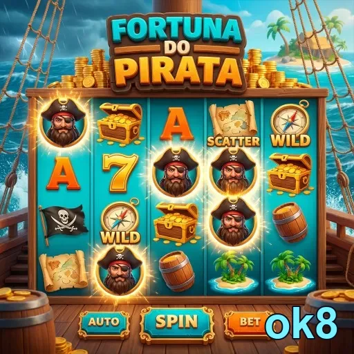 Imagem do jogo Fortuna do Pirata na ok8 com símbolos de pirata.