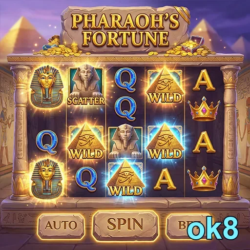 Interface do jogo Pharaoh's Fortune no cassino ok8 mostrando segurança VIP.
