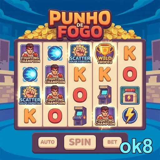 slot game 'Punho de Fogo' da ok8 com símbolos diversos.