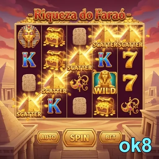 Slot 'Riqueza do Faraó' na plataforma ok8 com símbolos variados.