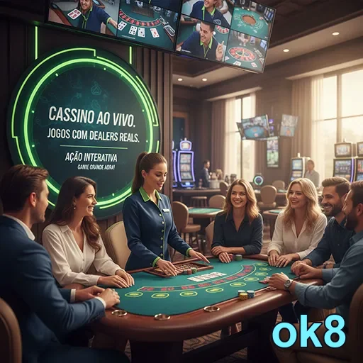 Jogadores em mesa de cassino ao vivo no ok8 com dealers reais.