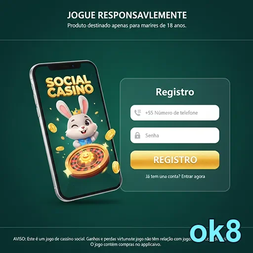 Tela do serviço VIP da ok8 com opções de registro para cassino social.