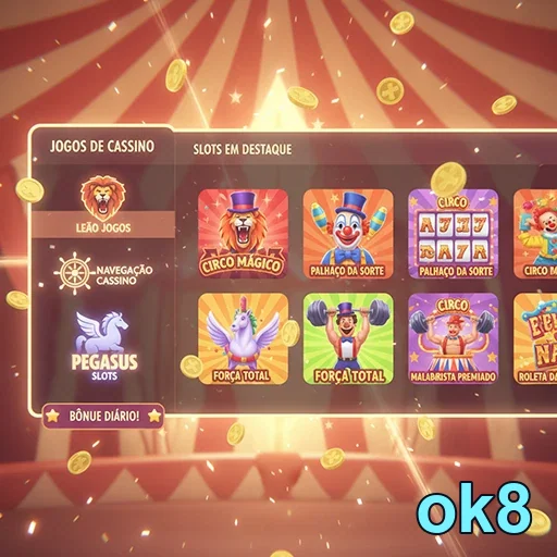 Jogos de slot destacados do ok8 com símbolos de cassino.