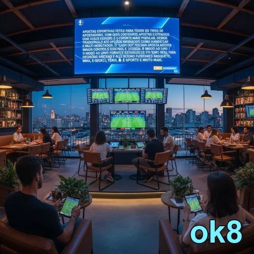 Ambiente de lounge VIP do site ok8 com clientes assistindo a esportes.
