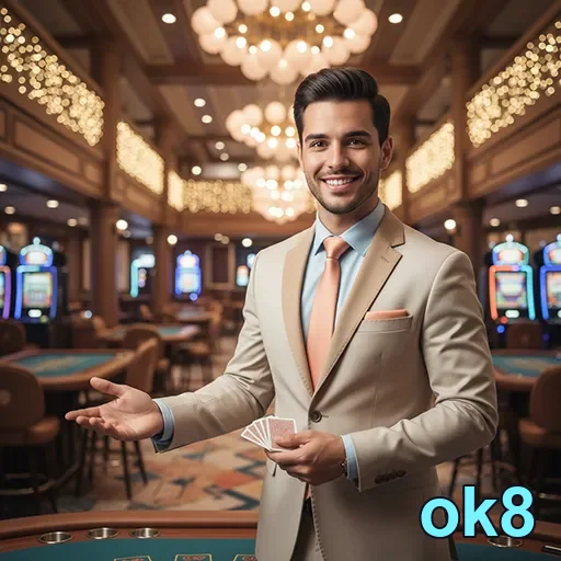 Croupier sorridente em cassino, promovendo ok8 serviços VIP.
