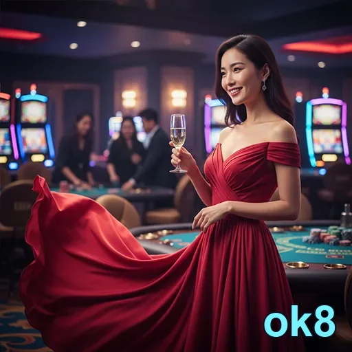 Jogadora em vestido vermelho em cassino da ok8.